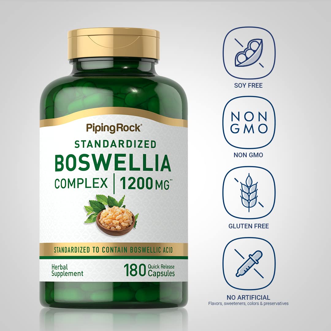 Piping Rock Boswellia Extract label close-up shows standardized boswellic acid and piperine data.
