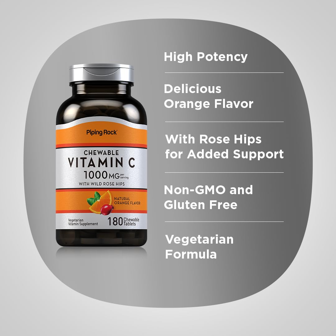 Piping Rock bottle label highlights 1000mg Vitamin C per chewable.