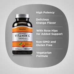 Piping Rock bottle label highlights 1000mg Vitamin C per chewable.