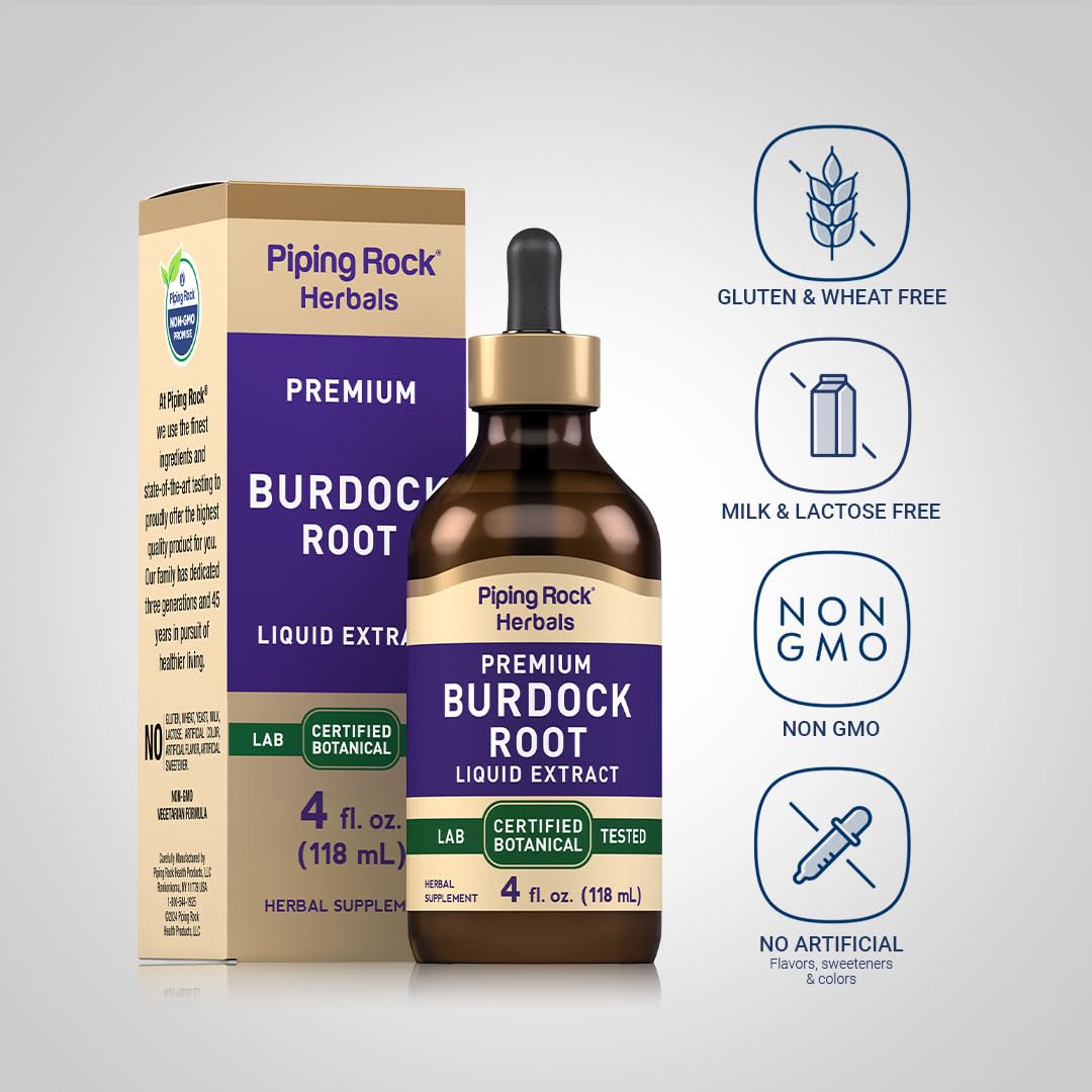 Amber bottle of Piping Rock burdock tincture for daily wellness
