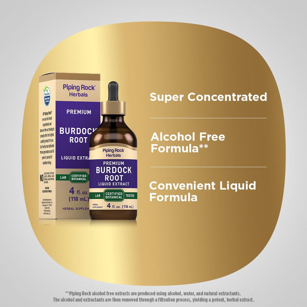 Piping Rock Burdock tincture label with non-GMO and gluten-free notes