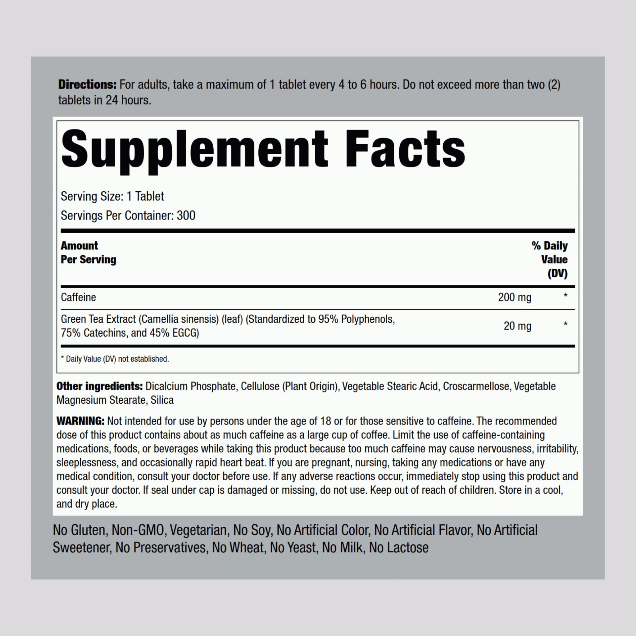 Piping Rock caffeine pills packaging highlights vegetarian and gluten-free claims