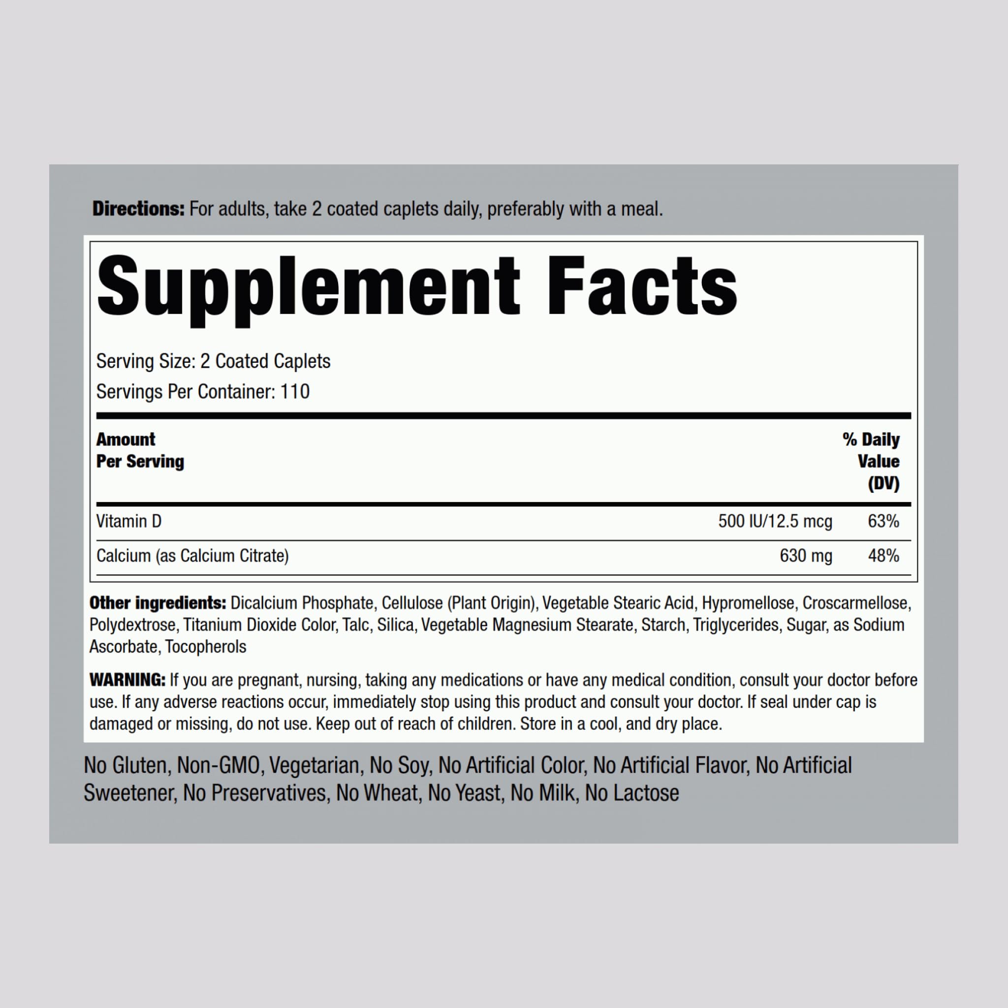 Piping Rock calcium citrate capsules closeup highlights easy-to-swallow coated caplets