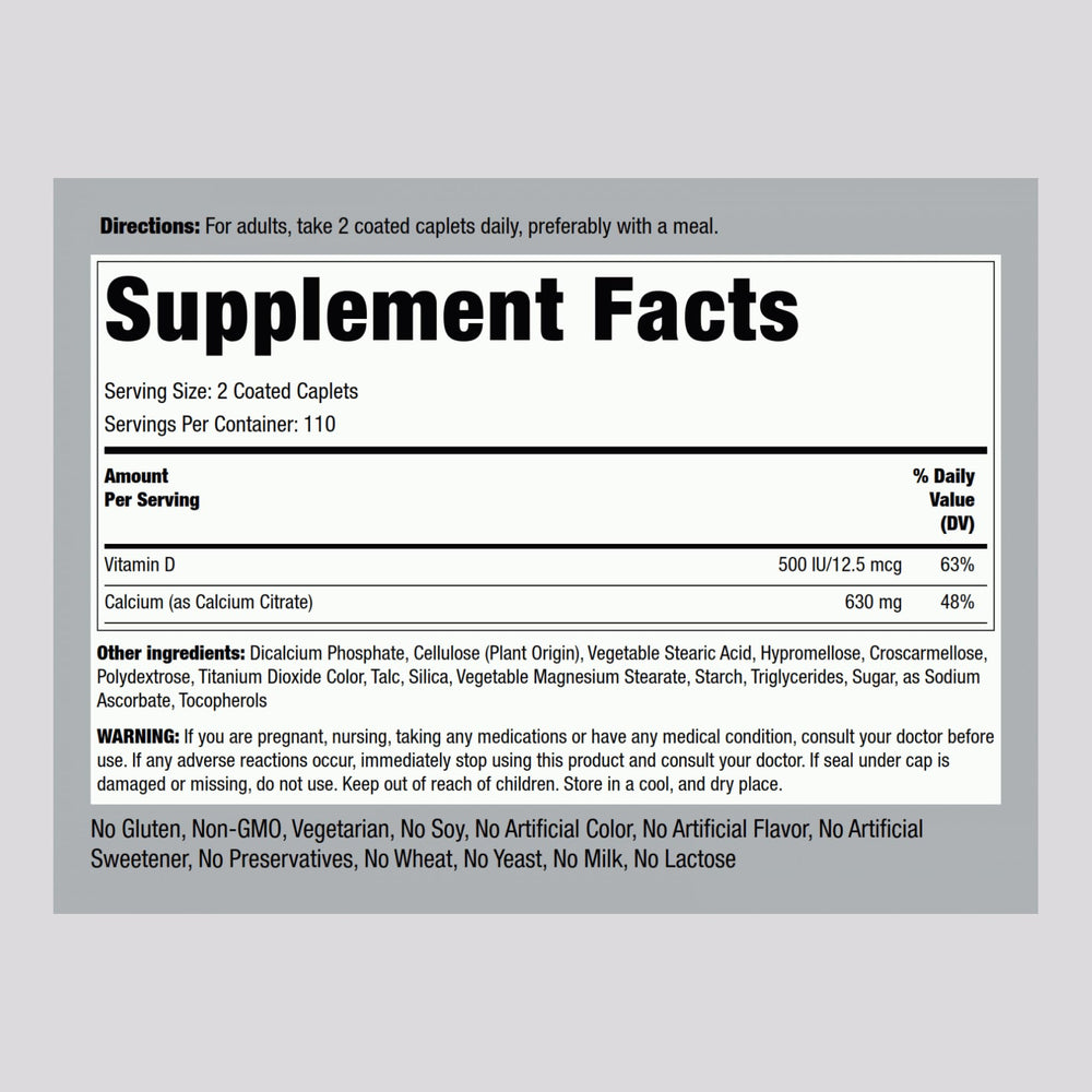 Piping Rock calcium citrate capsules closeup highlights easy-to-swallow coated caplets