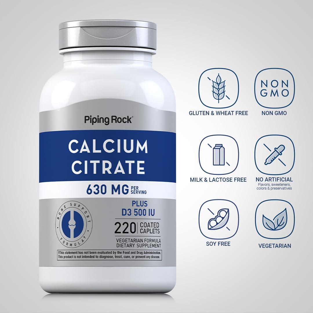 Piping Rock calcium citrate with vitamin D3 nutrition label emphasizes essential minerals
