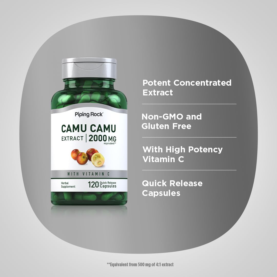 Piping Rock Camu Camu 2000mg capsules closeup showing capsules