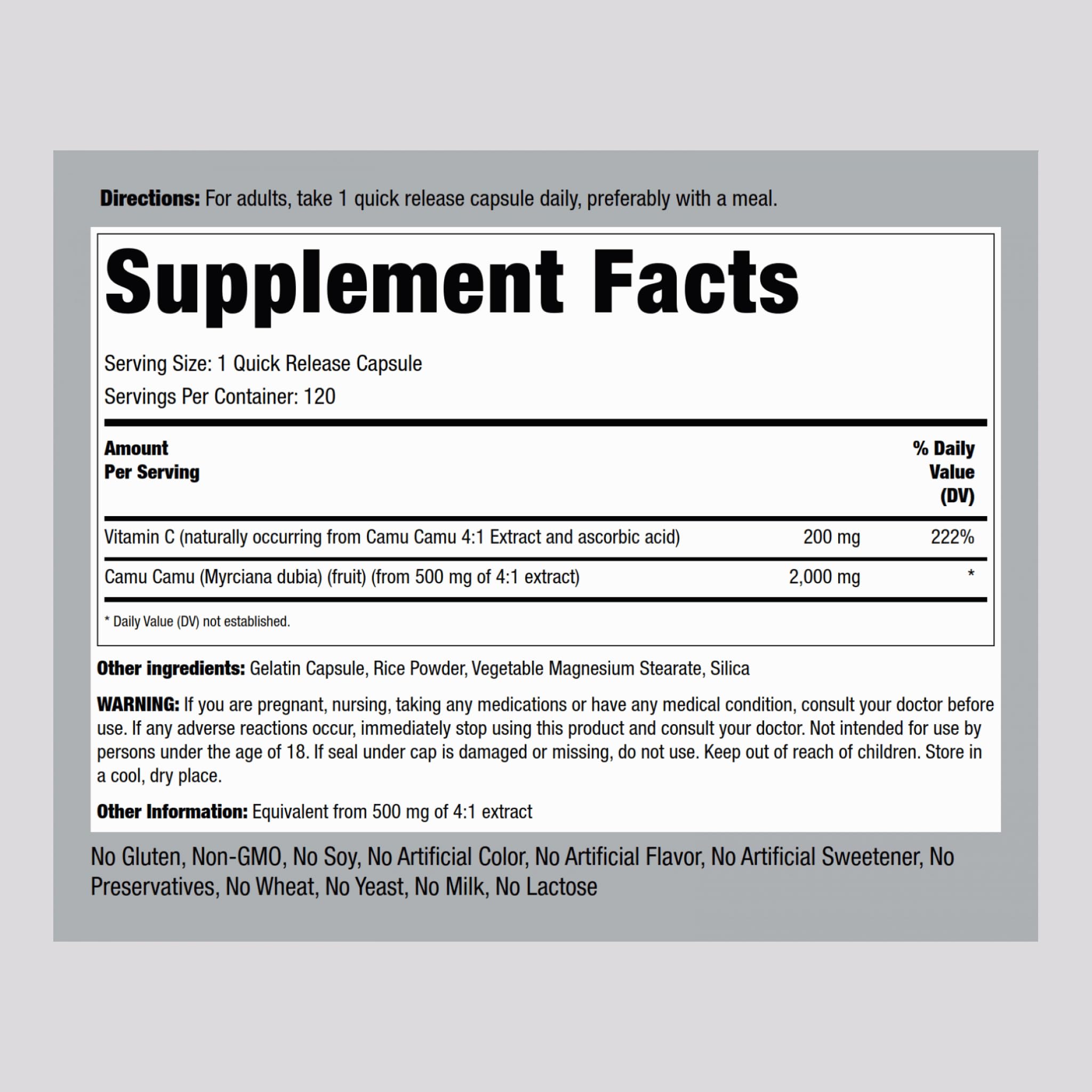 Piping Rock Camu Camu 2000mg capsules label with ingredient details