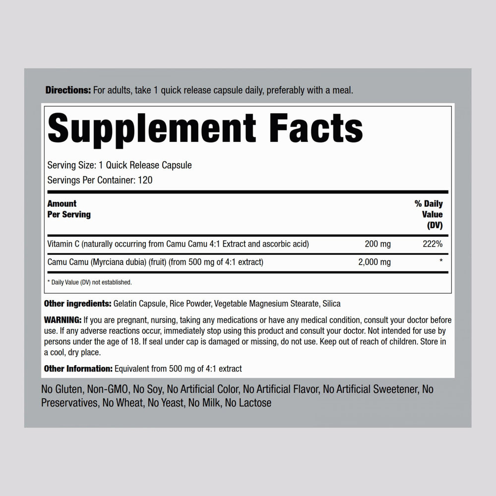 Piping Rock Camu Camu 2000mg capsules label with ingredient details