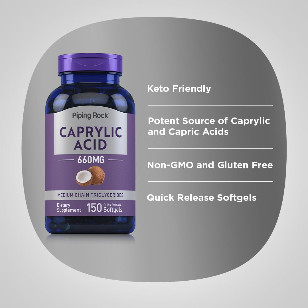 Ingredients panel on Piping Rock Caprylic Acid shows coconut-based MCTs.