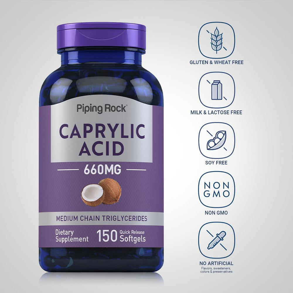Front label of Piping Rock Caprylic Acid packaging, non-GMO and gluten-free.