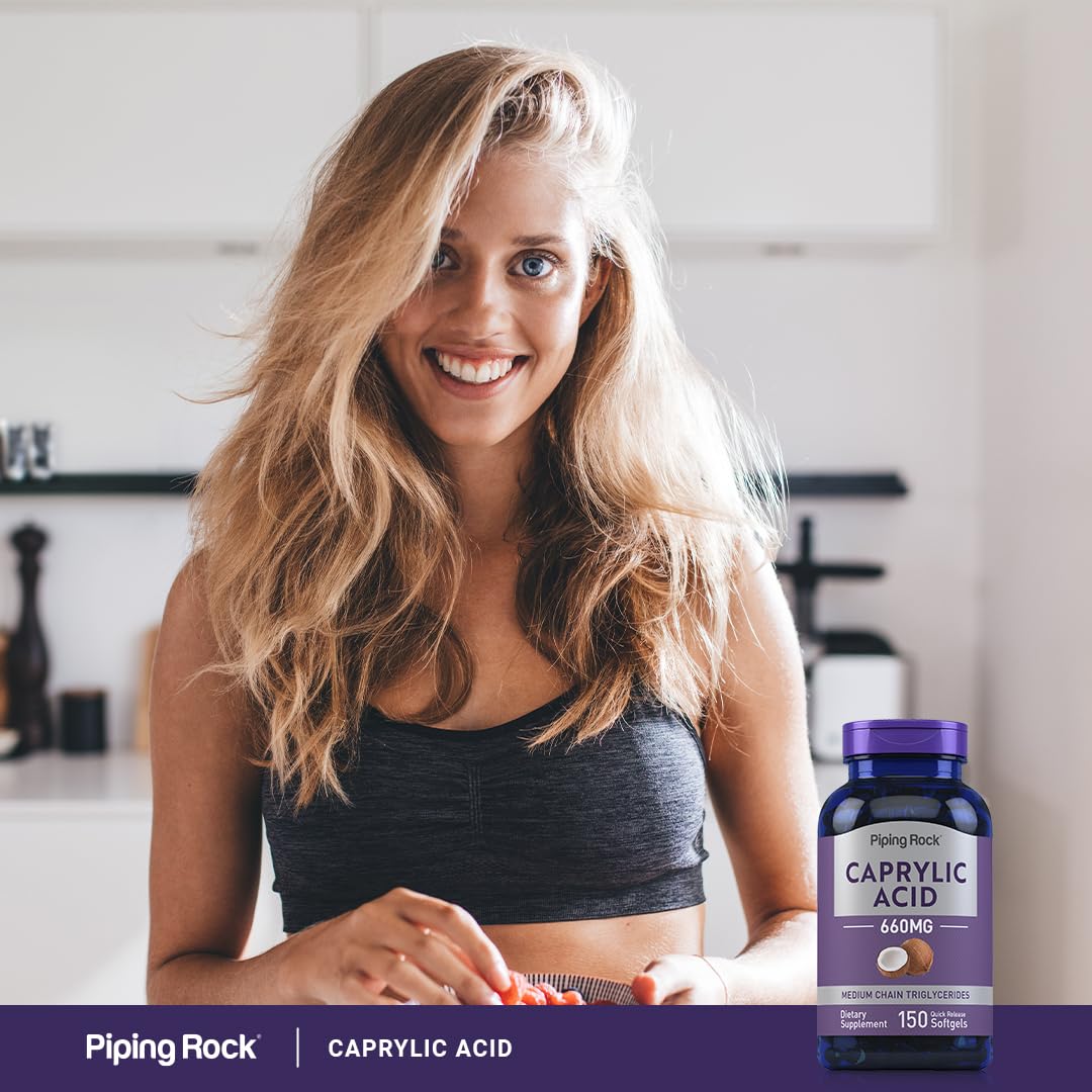 Softgel capsules of Piping Rock Caprylic Acid with smooth coating.
