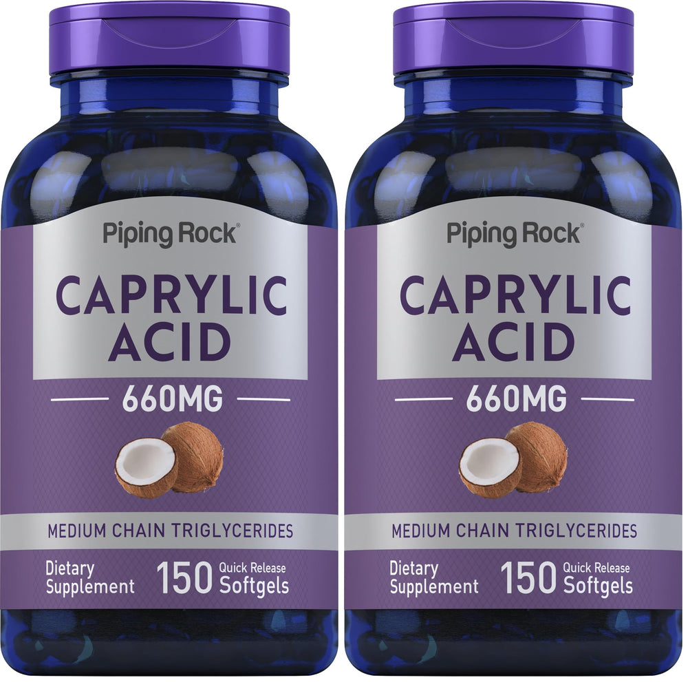 Piping Rock Caprylic Acid softgels bottle showing 660 mg per serving for keto use.