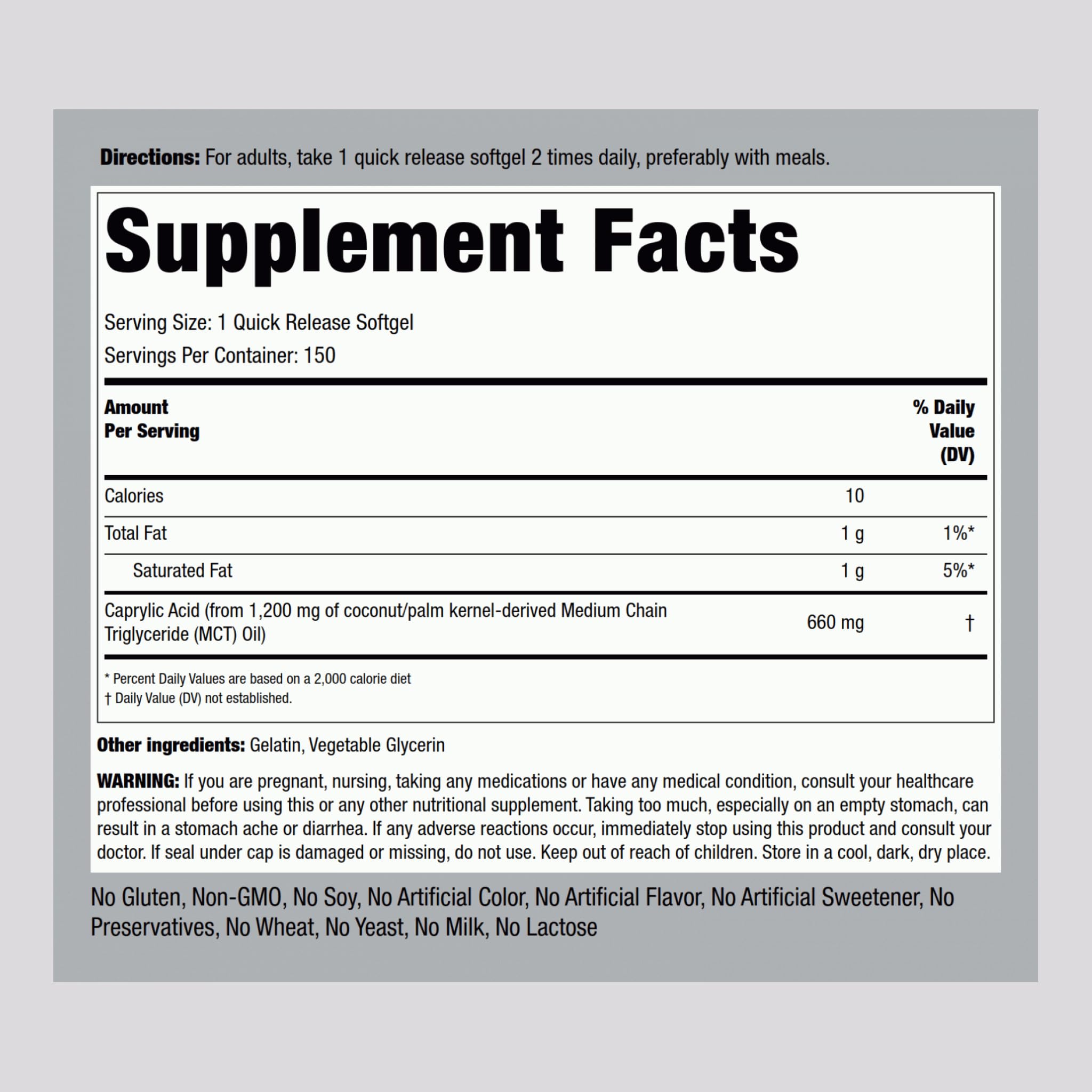 Close-up of Piping Rock Caprylic Acid softgels; easy-to-swallow capsules.