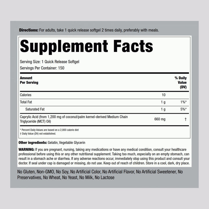 Close-up of Piping Rock Caprylic Acid softgels; easy-to-swallow capsules.