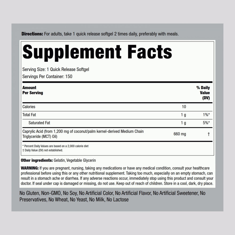 Close-up of Piping Rock Caprylic Acid softgels; easy-to-swallow capsules.