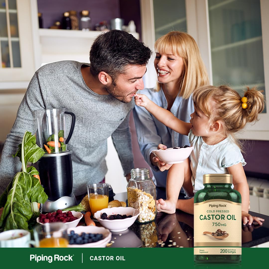 Piping Rock castor oil softgel on a shelf for pantry storage.