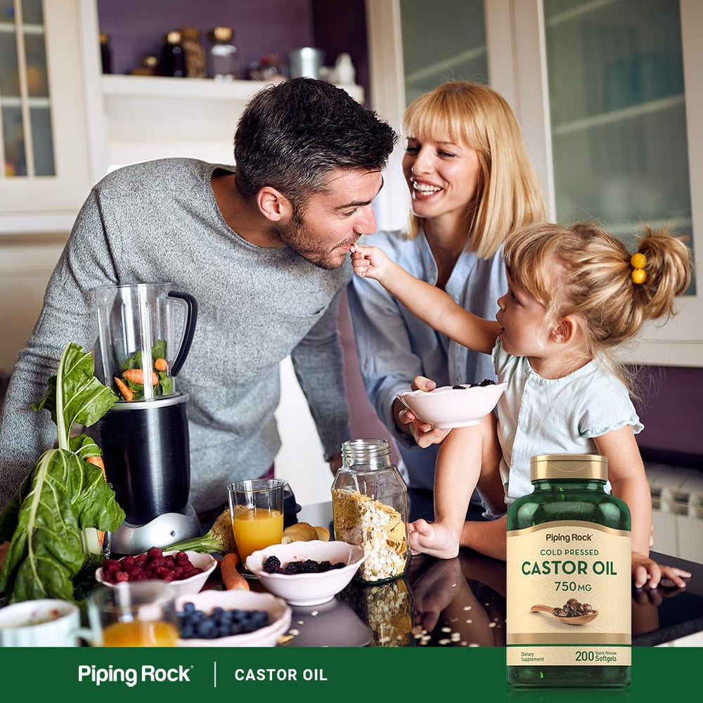 Piping Rock castor oil softgel on a shelf for pantry storage.