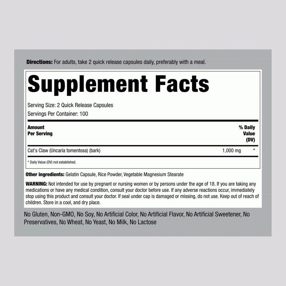 Piping Rock Cats Claw bottle with clear label for everyday wellness.