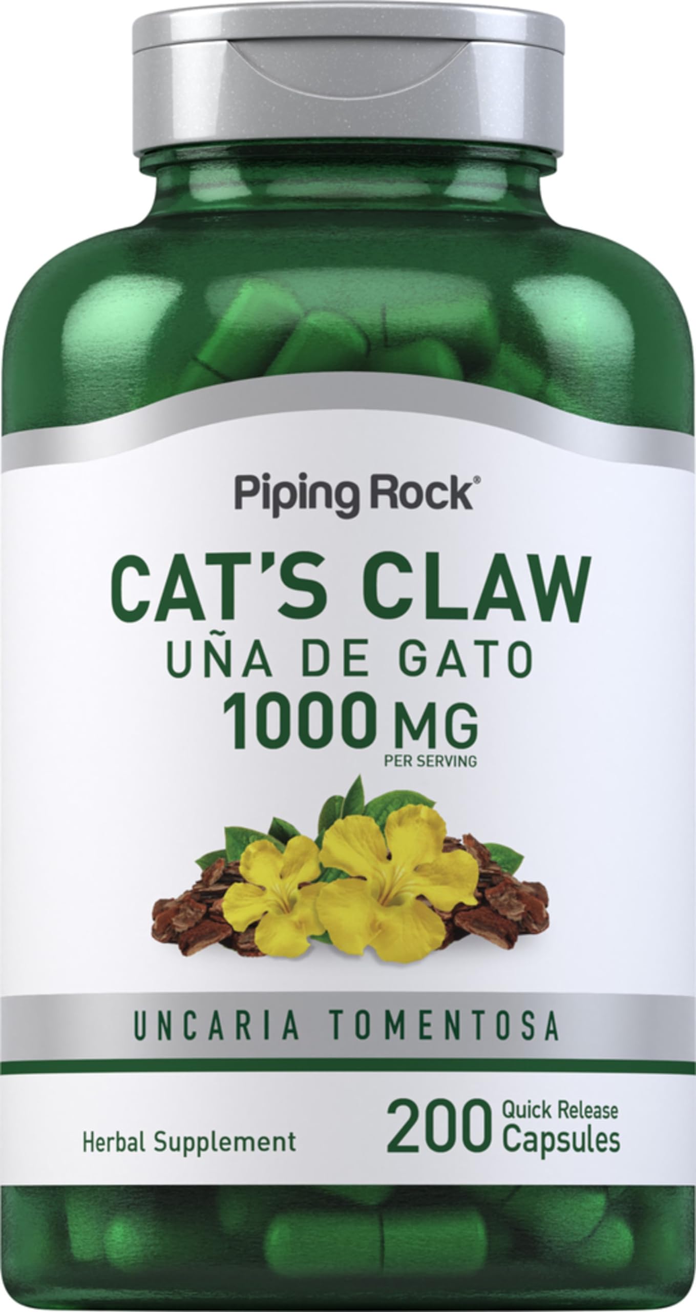 Piping Rock Cats Claw Capsules bottle front showing non-GMO, gluten-free packaging.