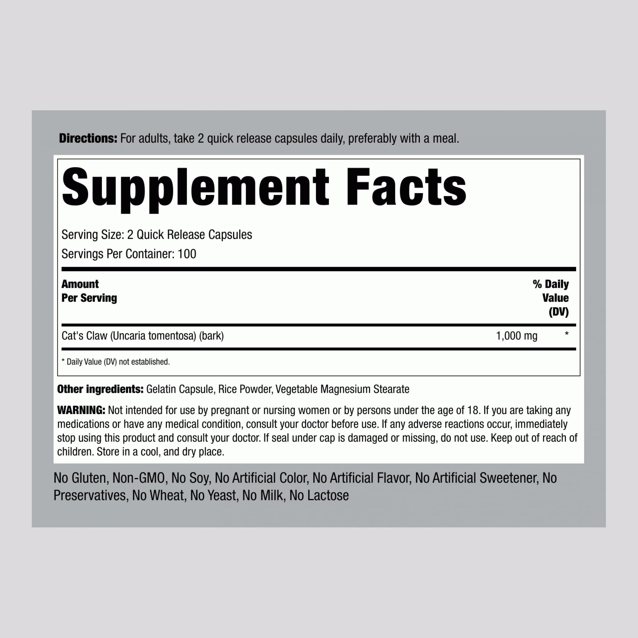 Piping Rock Cats Claw Capsules label closeup highlighting therapeutic-grade traditional herb.