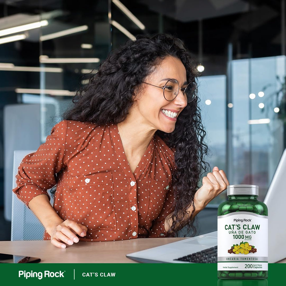 Piping Rock Cats Claw packaging with gluten-free and non-GMO icons.