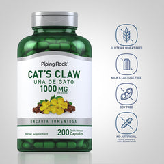 Piping Rock Cats Claw label highlights Uncaria tomentosa bark extract and non-GMO status.