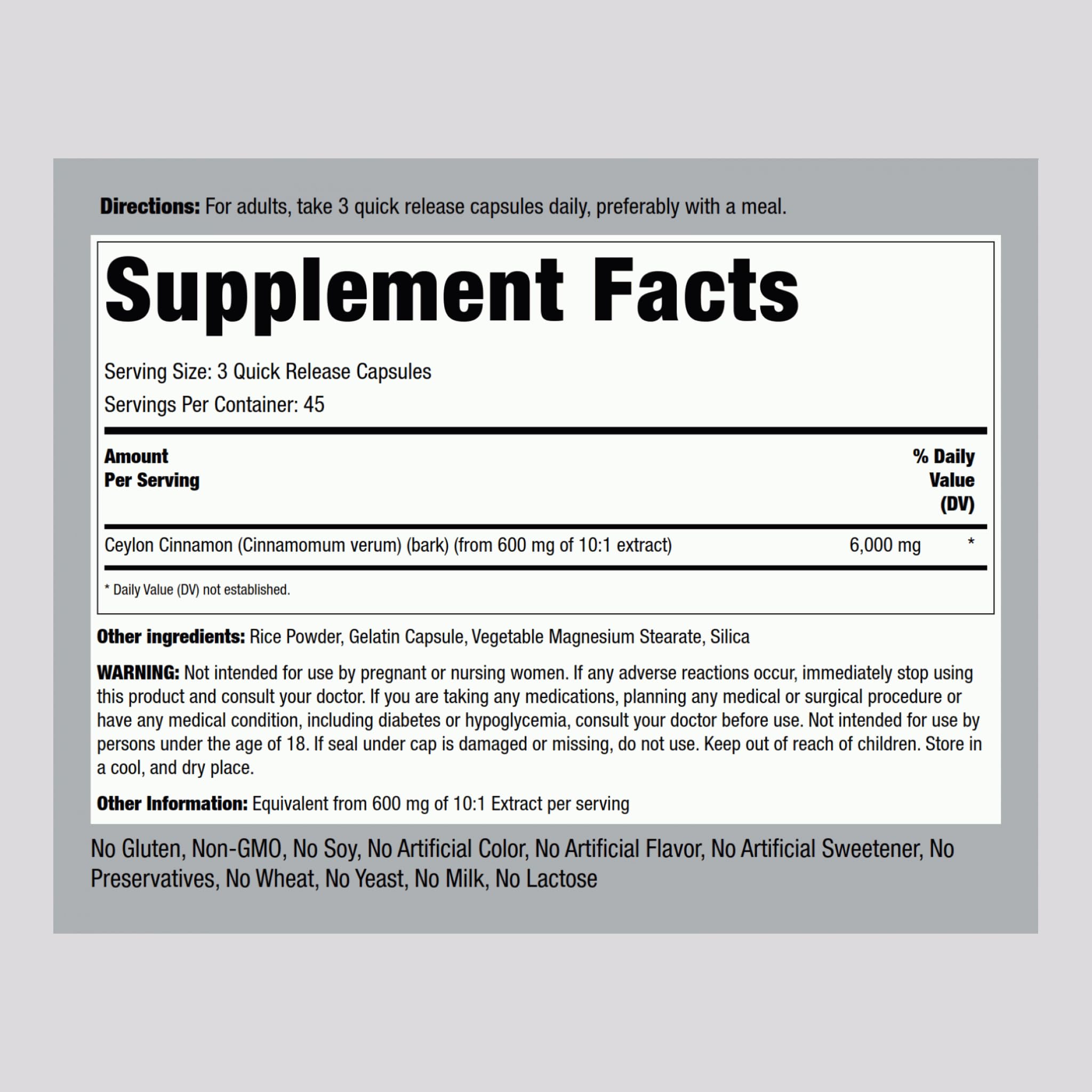 Piping Rock Ceylon Cinnamon 6000 mg capsules provide convenient quick-release doses for daily routines
