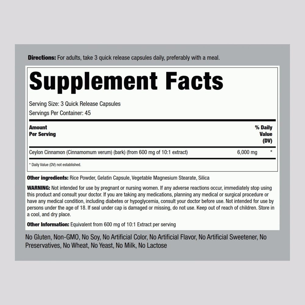 Piping Rock Ceylon Cinnamon 6000 mg capsules provide convenient quick-release doses for daily routines
