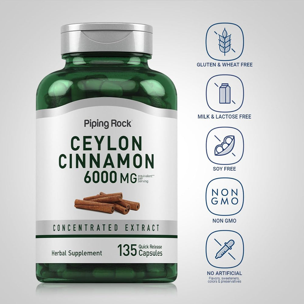 Piping Rock Ceylon Cinnamon 6000 mg label clearly shows non-GMO and gluten-free attributes