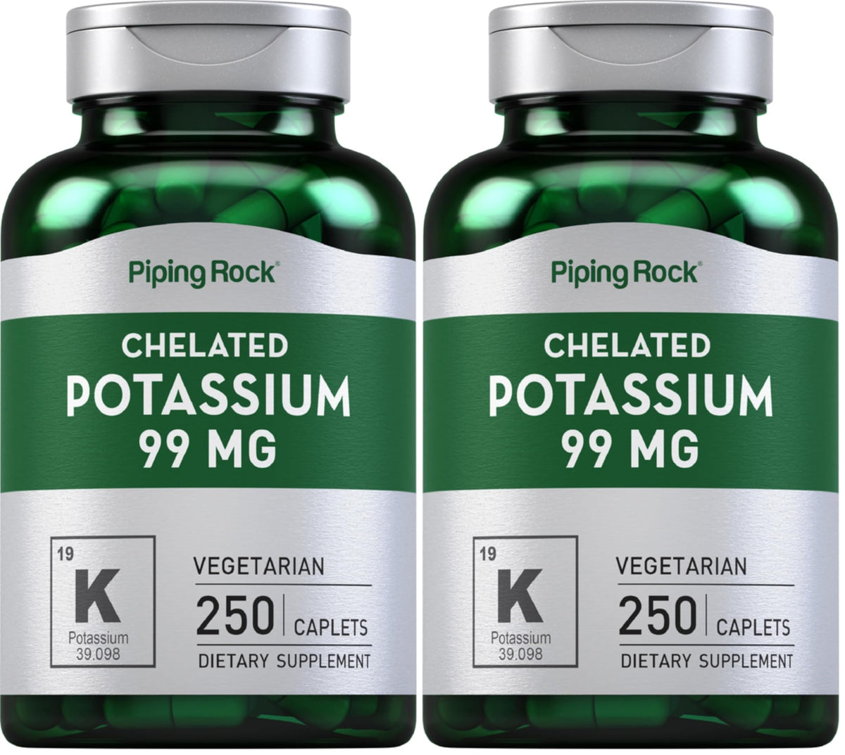 Piping Rock chelated potassium 99 mg bottle close-up for daily mineral support.