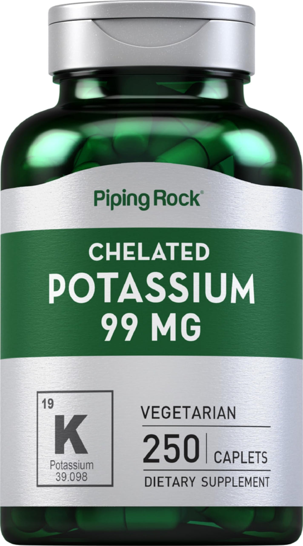 Piping Rock chelated potassium bottle close-up highlighting 99 mg per caplet