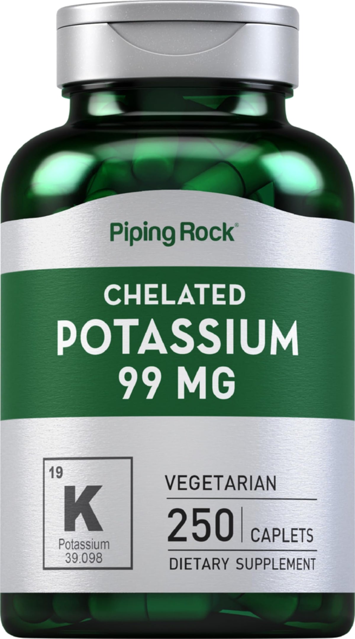 Piping Rock chelated potassium bottle close-up highlighting 99 mg per caplet