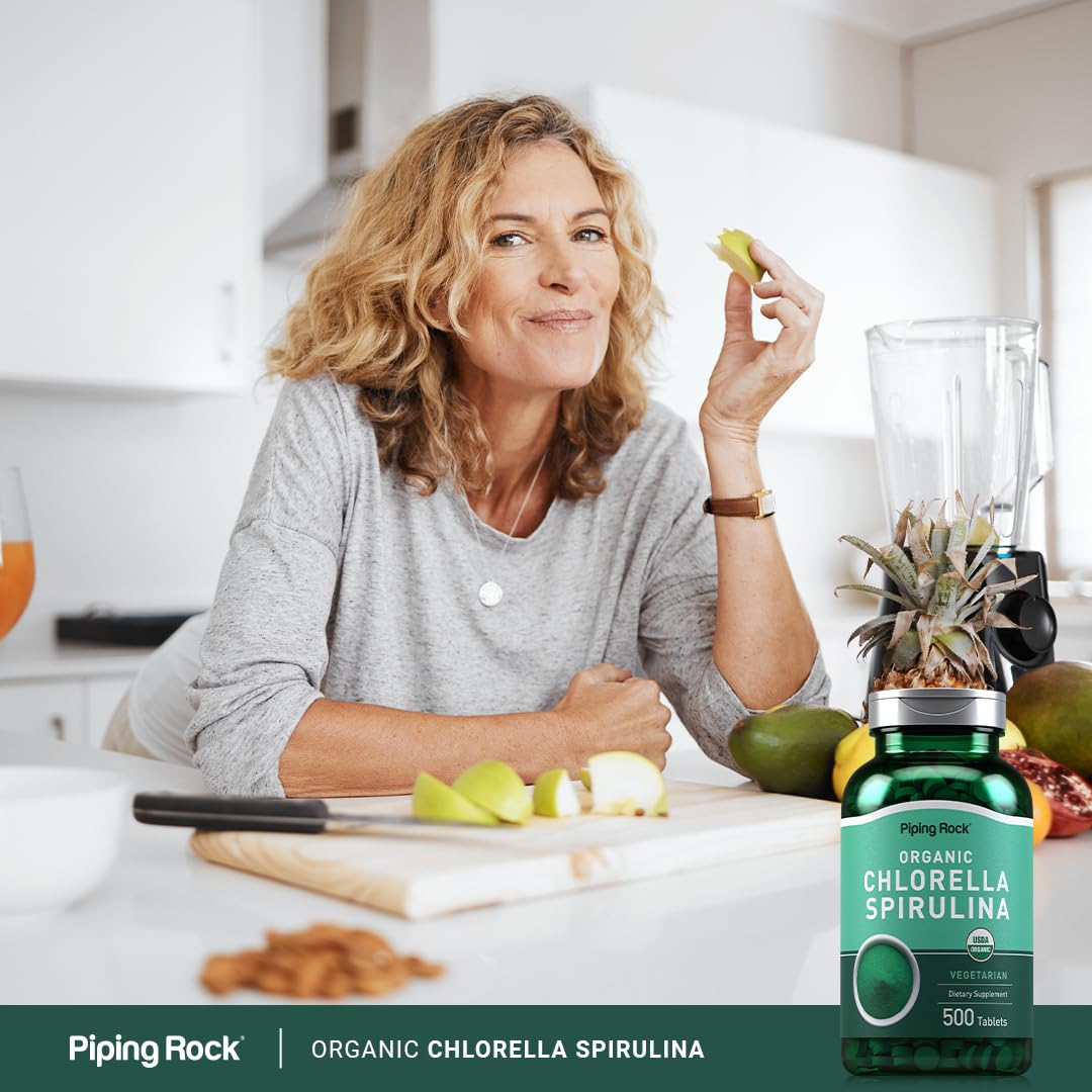 Piping Rock chlorella-spirulina organic capsules closeup for easy swallowing.