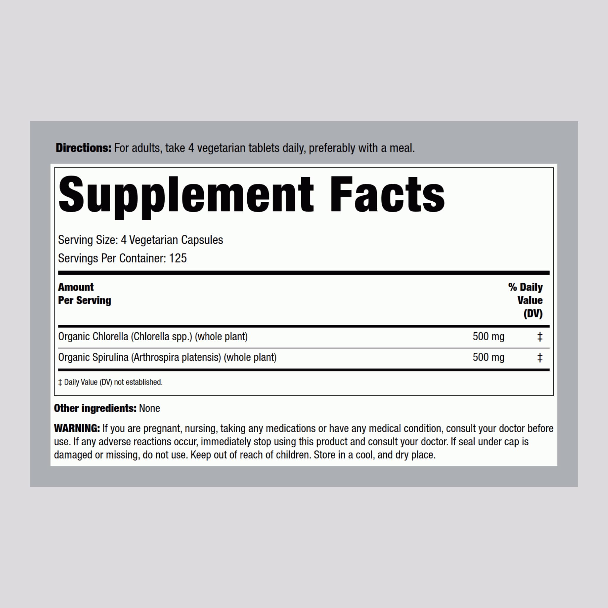 Piping Rock chlorella-spirulina Organic label closeup highlighting quality.