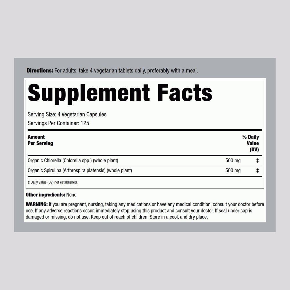 Piping Rock chlorella-spirulina Organic label closeup highlighting quality.