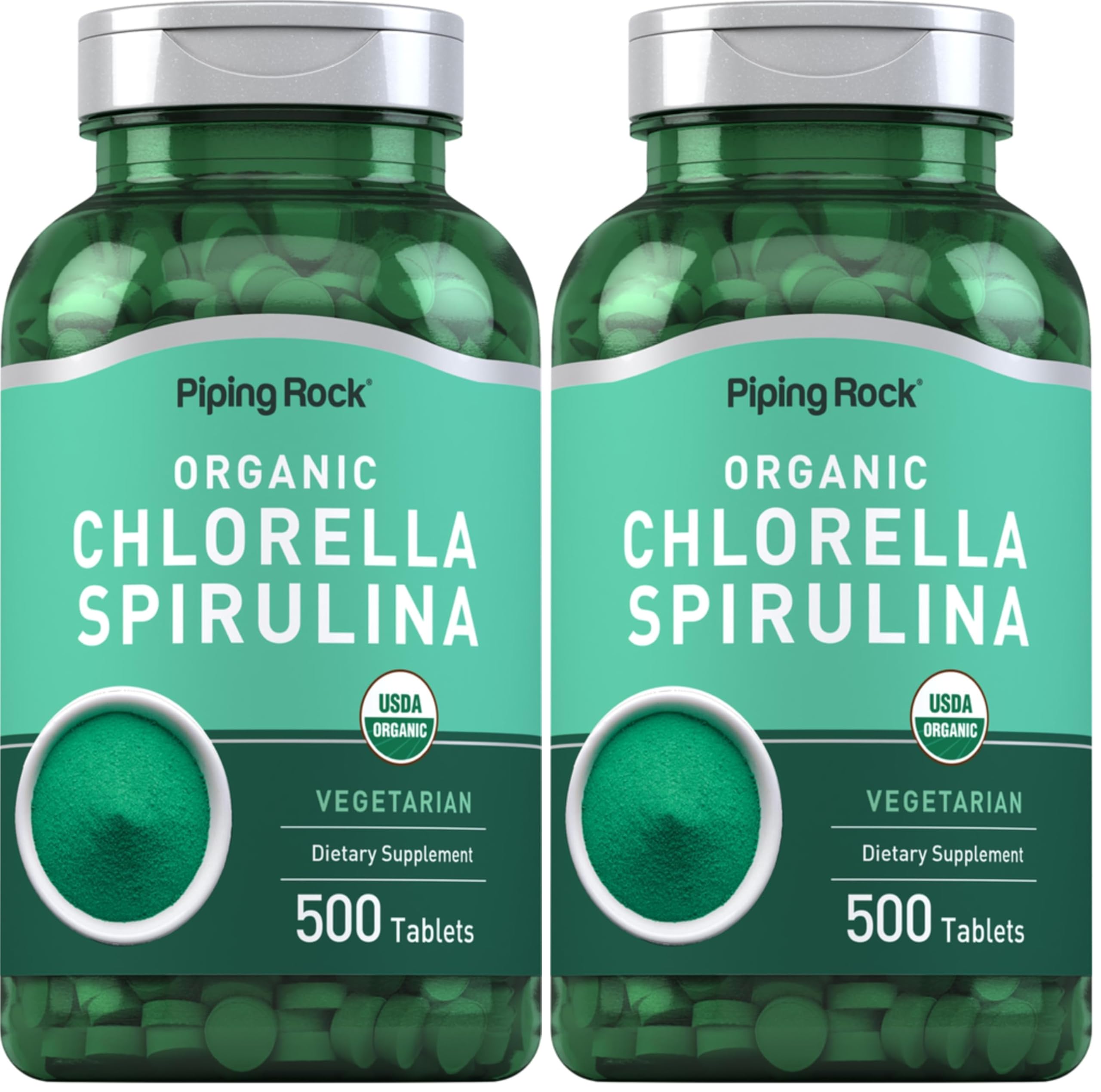 Piping Rock Chlorella Spirulina Organic two-bottle pack, convenient daily supplement.
