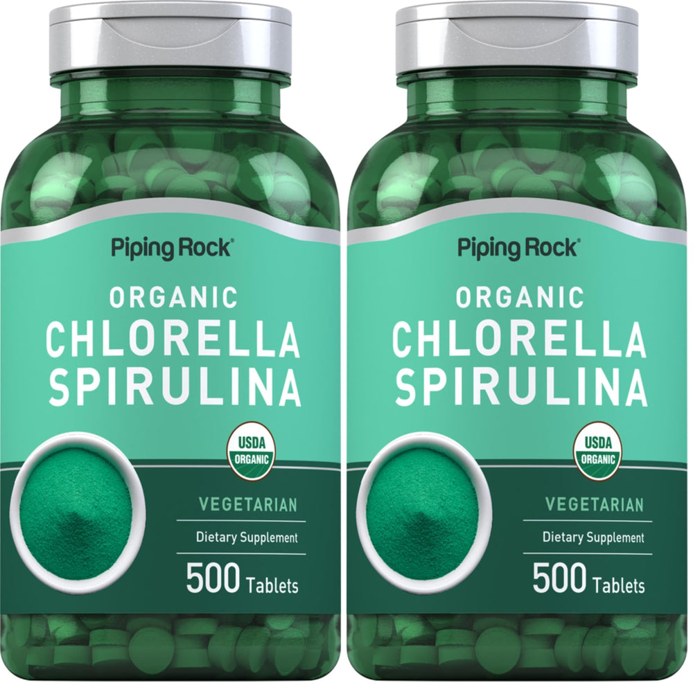 Piping Rock Chlorella Spirulina Organic two-bottle pack, convenient daily supplement.