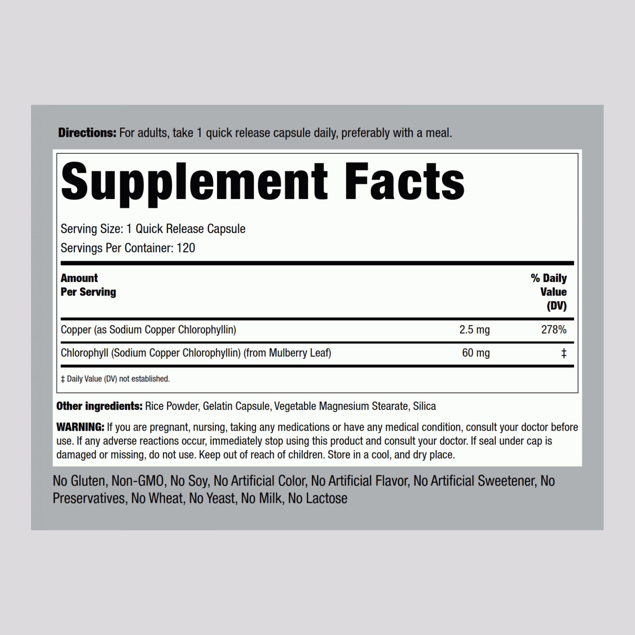 Piping Rock Chlorophyll Capsules ingredient label highlights non-GMO, gluten-free formula for clean nutrition.