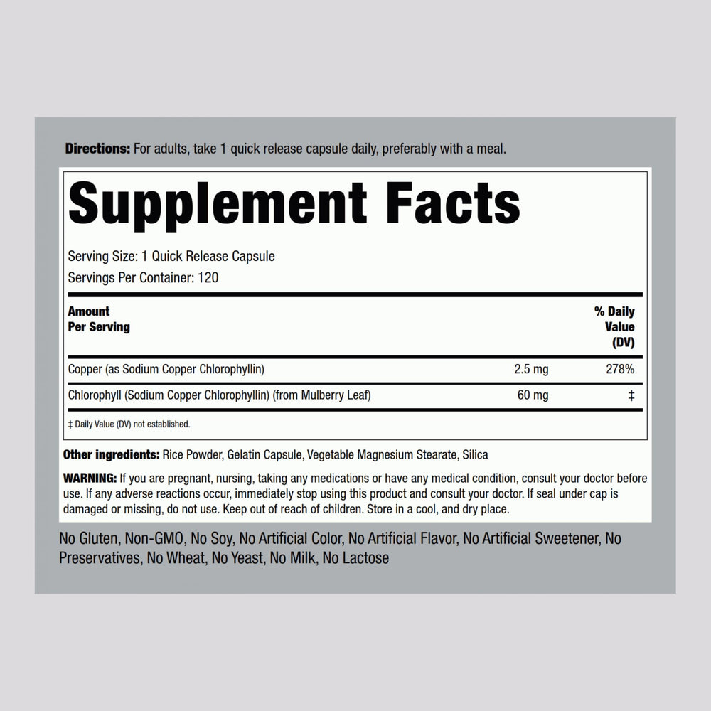 Piping Rock Chlorophyll Capsules ingredient label highlights non-GMO, gluten-free formula for clean nutrition.