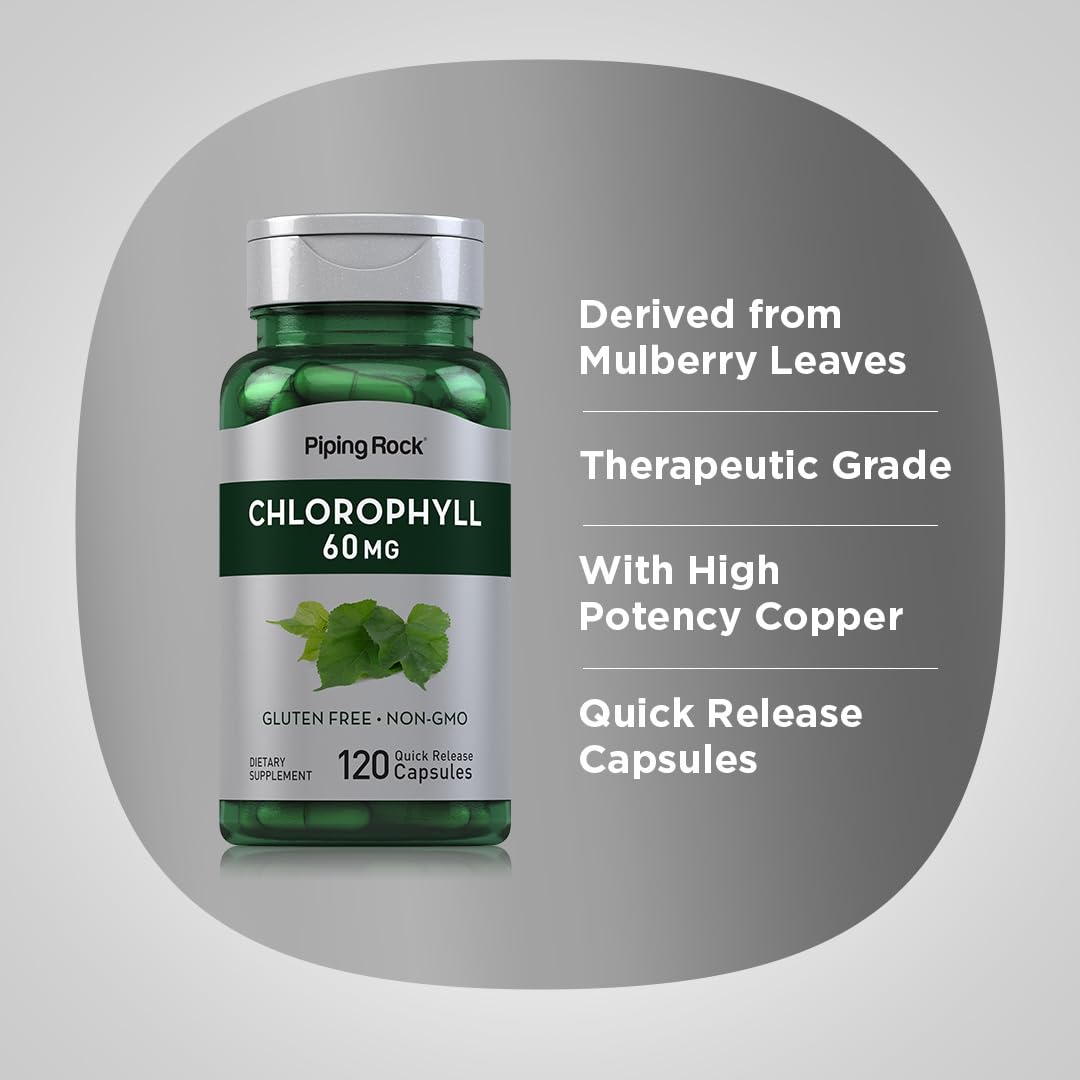 Piping Rock Chlorophyll Capsules packaging shot communicates therapeutic-grade quality.