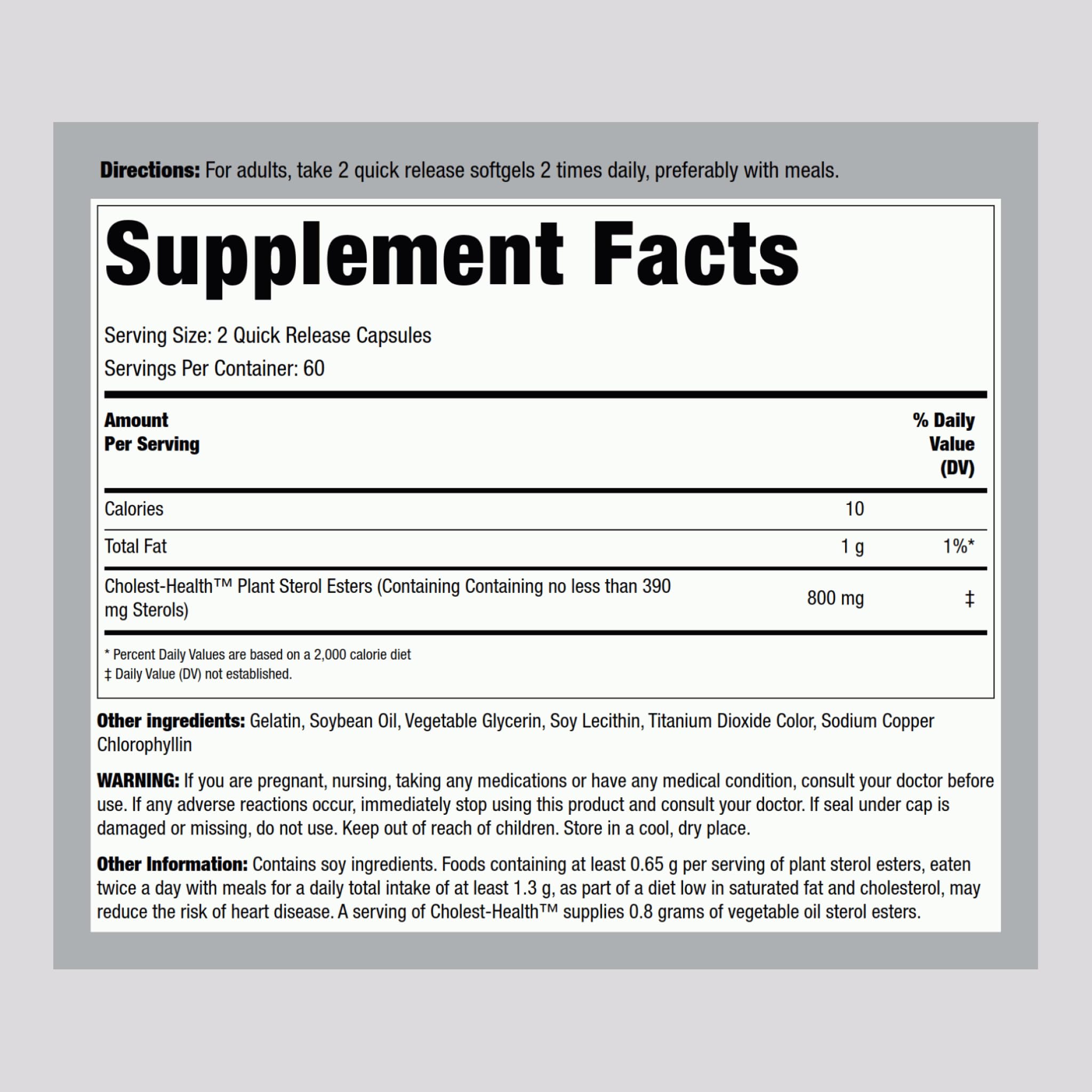 Piping Rock Cholesterol Health Softgels label view highlights 800 mg plant sterols per serving.