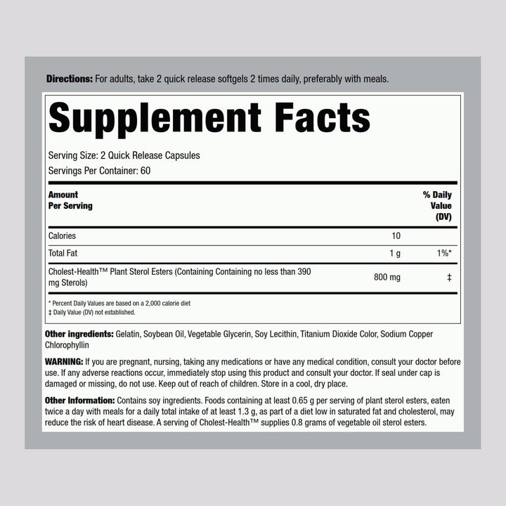Piping Rock Cholesterol Health Softgels label view highlights 800 mg plant sterols per serving.