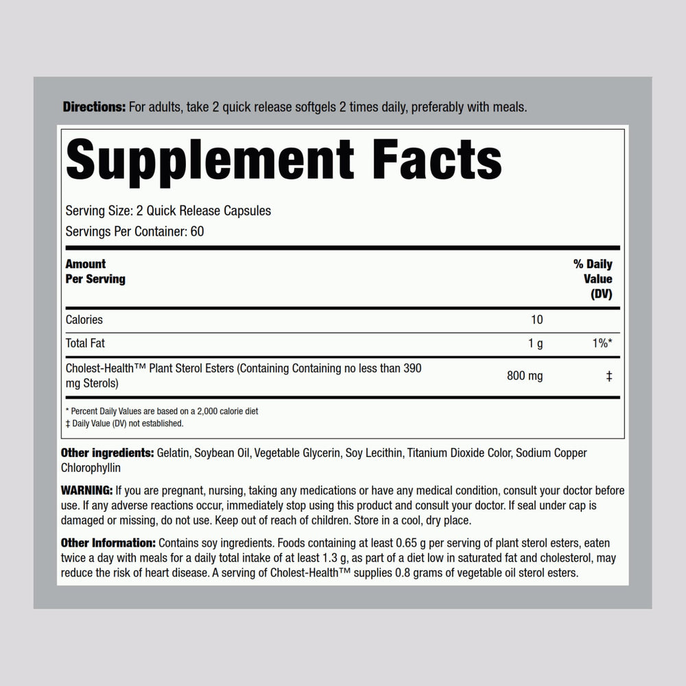Piping Rock Cholesterol Health Softgels label view highlights 800 mg plant sterols per serving.