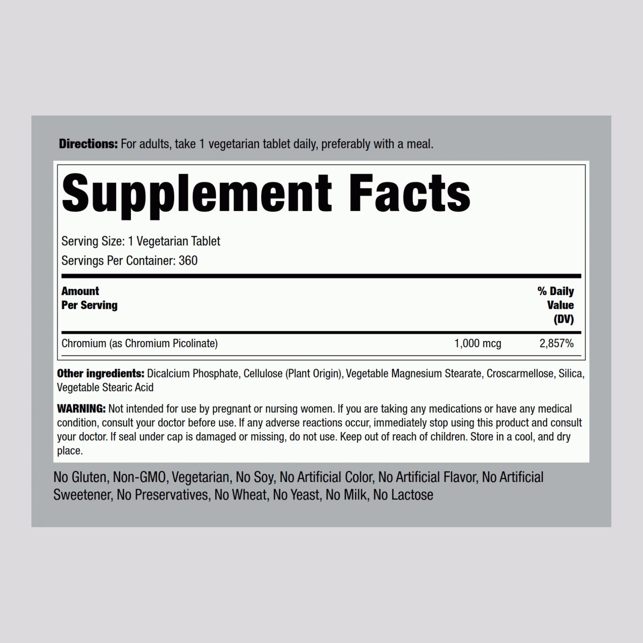 Piping Rock chromium picolinate 1000mcg tablets close-up highlighting high potency formula