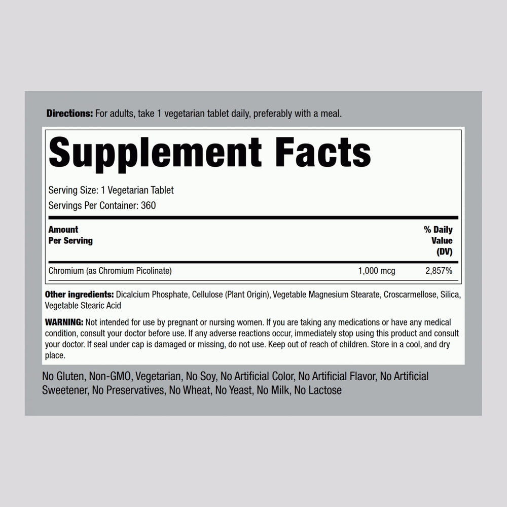 Piping Rock chromium picolinate 1000mcg tablets close-up highlighting high potency formula