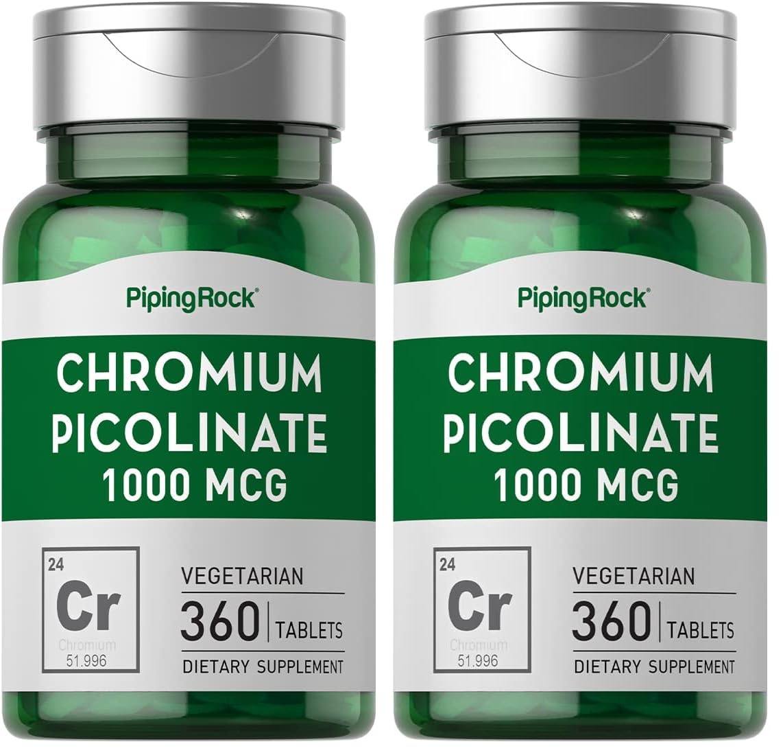 Piping Rock Chromium Picolinate bottle front, gluten-free vegetarian daily supplement.