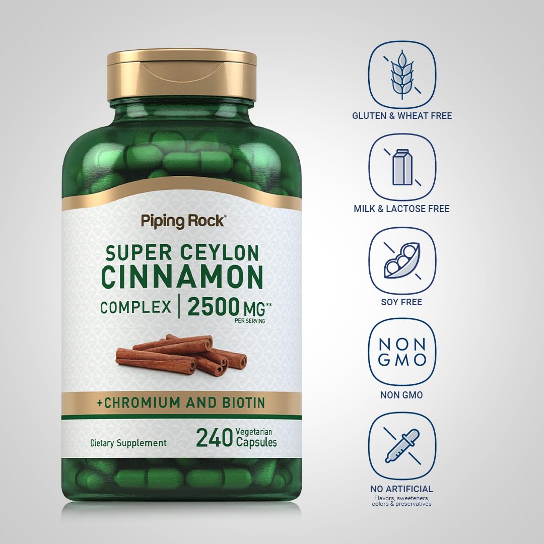Piping Rock cinnamon complex capsules with measuring spoon for dosing.