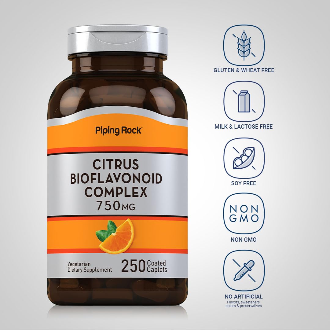Piping Rock Citrus Bioflavonoids Complex caplets with smooth coated shell for easy swallowing.