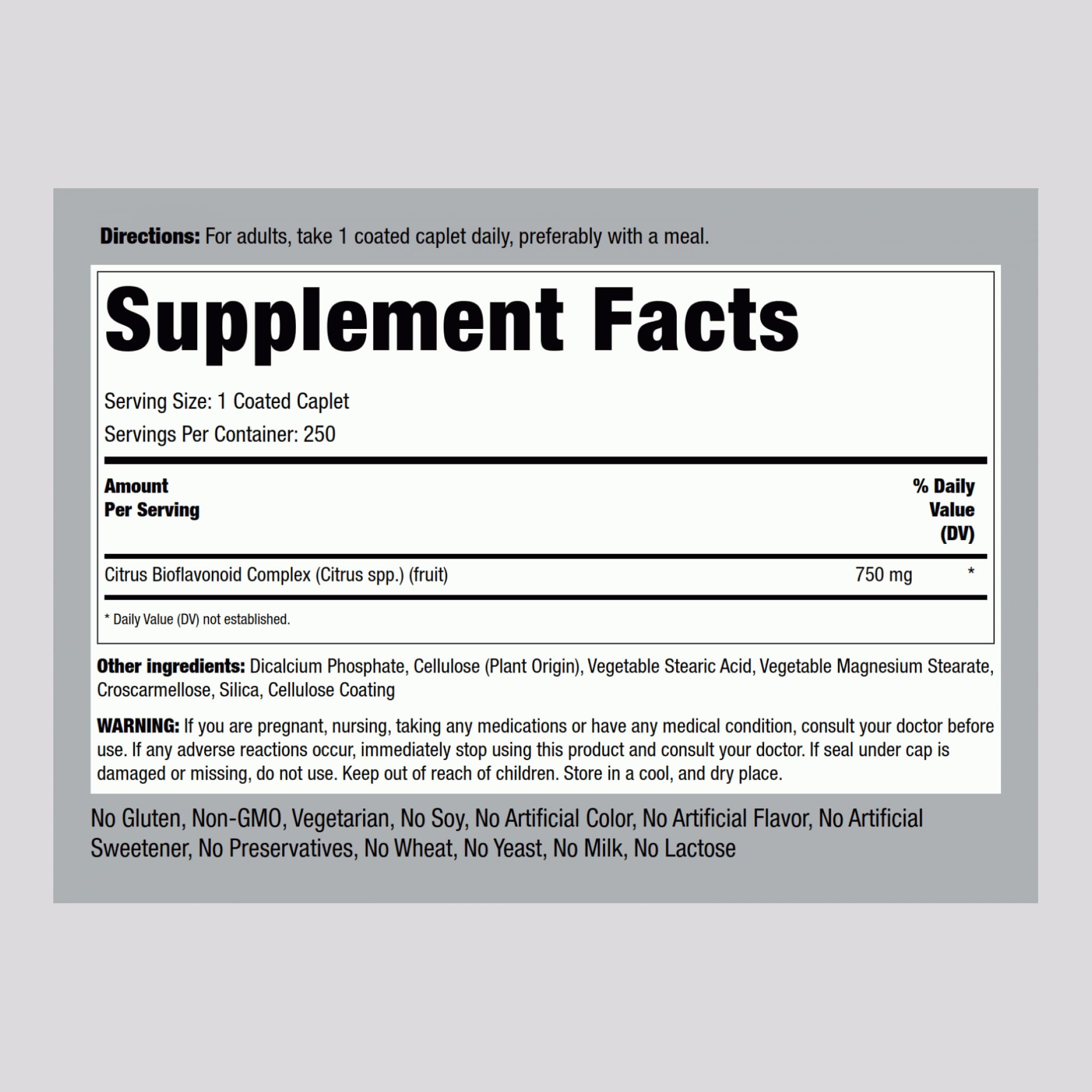 Piping Rock Citrus Bioflavonoids Complex label close-up highlighting potency and purity.