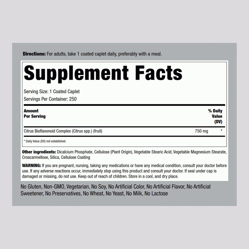 Piping Rock Citrus Bioflavonoids Complex label close-up highlighting potency and purity.